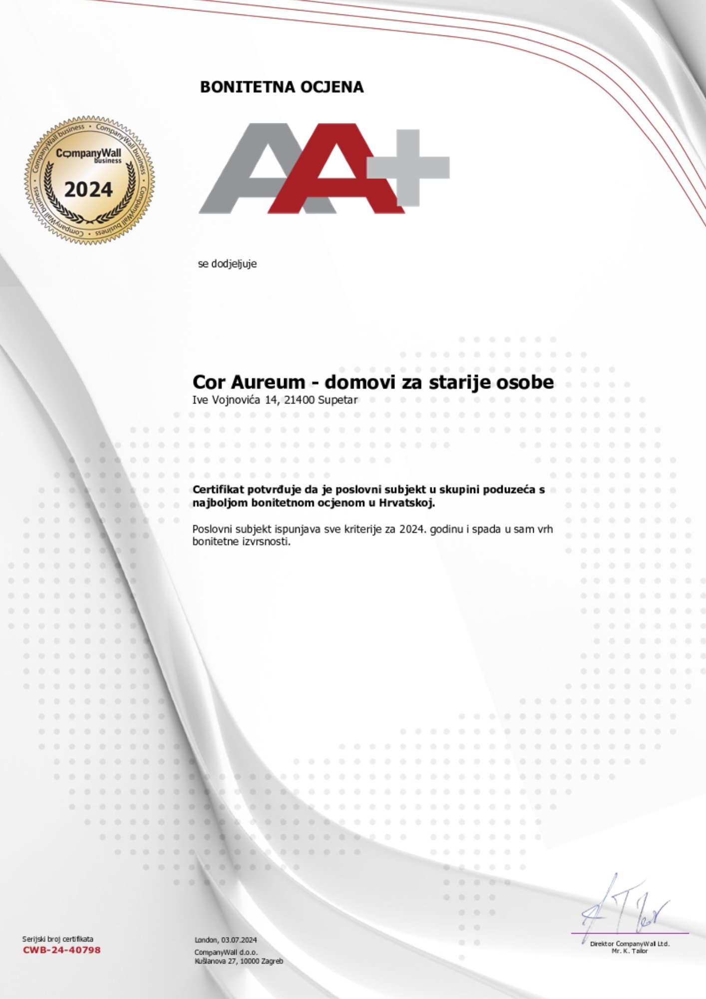 Cor Aureum certifikat